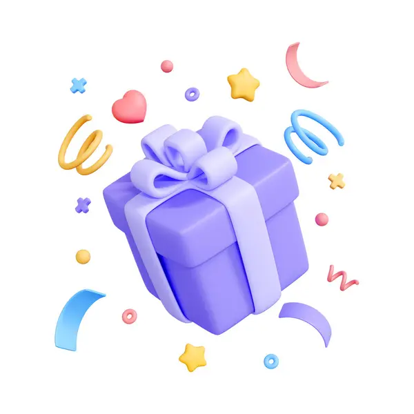 stock image Gift box with white ribbon and bow isolated on white background. The box is surrounded by colorful confetti and other celebratory decorations. Creative cartoon design icon. 3D render illustration