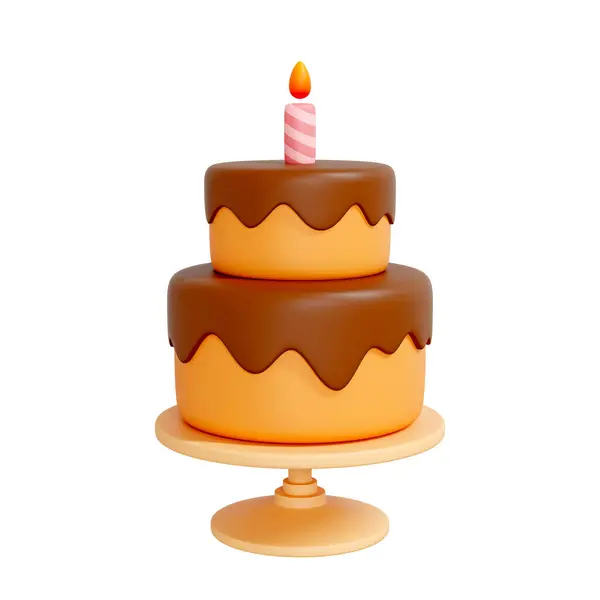 stock image Two-tier chocolate birthday cake with a lit candle on top isolated on white background. Creative cartoon design icon. 3D render illustration