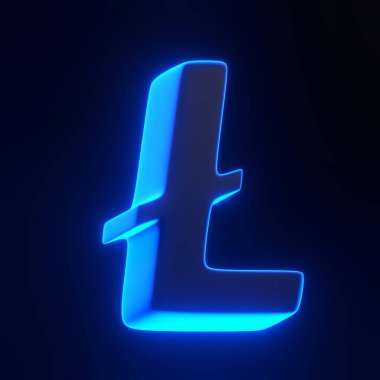 Siyah arka planda parlak fütüristik mavi ışıkları olan Litecoin sembolü. 3 boyutlu simge, imza ve sembol. Çizgi film tarzı asgari. 3 Boyutlu resimleme