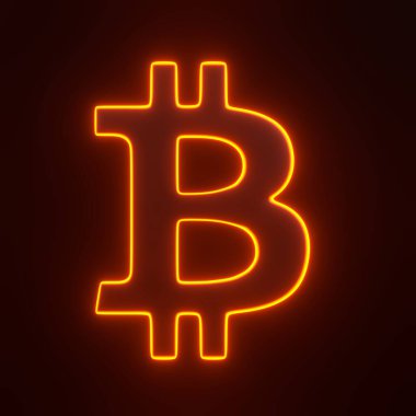 Siyah arka planda parlak parlak fütüristik turuncu ışıkları olan bitcoin sembolü. 3 boyutlu simge, imza ve sembol. Çizgi film tarzı asgari. 3 Boyutlu resimleme
