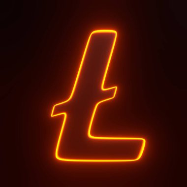 Siyah arka planda parlak parlak turuncu ışıklarla Litecoin sembolü. 3 boyutlu simge, imza ve sembol. Çizgi film tarzı asgari. 3 Boyutlu resimleme
