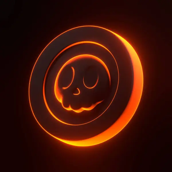 stock image Skull coin with bright glowing futuristic orange neon lights on black background. 3D icon, sign and symbol. Cartoon minimal style. 3D render illustration