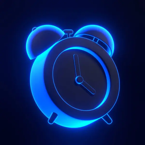 stock image Alarm clock with bright glowing futuristic blue neon lights on black background. 3D icon, sign and symbol. Cartoon minimal style. 3D render illustration