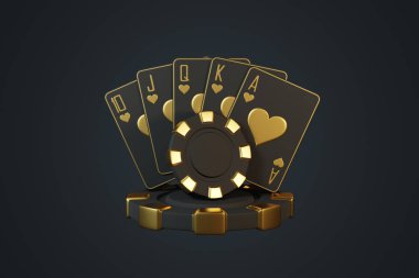 Koyu bir yüzeyde sunulan ve özel bir kumar sahnesini tasvir eden, kalp takımlı, floş bir poker eli ve altın bir merkez çip. 3 Boyutlu resimleme