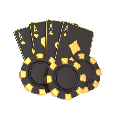 Bir poker oyununda dört as, maça, kupa, sinek ve elmaslar siyah kart üzerinde altın, beyaz arka planda kumarhane fişleri eşliğinde. 3 Boyutlu resimleme