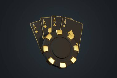 Gösterişli altın aslar parlak siyah ve altın bir poker fişi ile yelpazelenmiş, yüksek bahisli bir ortam için koyu zarif bir arka planda sunulmuştur. 3 Boyutlu resimleme
