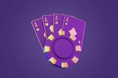 Altın aksanlı dört adet mor as, parlak mor arka planda eşleşen bir kumarhane çipiyle eşleştirilmiş, lüks ve heyecanı işaret ediyor. 3 Boyutlu resimleme