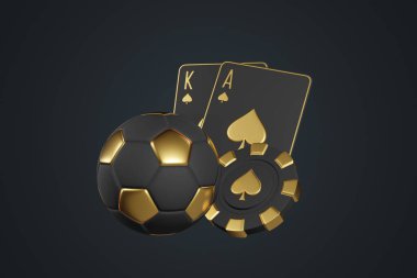 Siyah ve altın renkli bir futbol topu, iskambil kâğıdı ve karanlık bir zemine karşı bir kumarhane fişi içeren lüks temalı bir kompozisyon. 3 Boyutlu resimleme