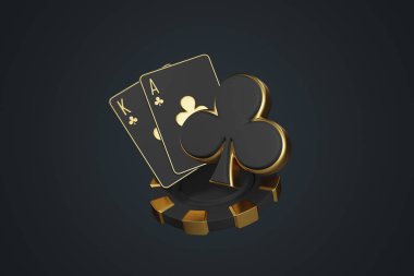 Şık ve sofistike siyah ve altın renkli iskambil kartları. Üzerinde siyah bir arka planda eşleşen poker fişi ve kral ve sineklerin ası var. 3 Boyutlu resimleme
