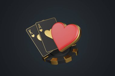 Altın kenarlı iskambil kağıtları, King and Ace of Hearts, büyük bir kırmızı kalp sembolü ve parlak siyah bir arka planda poker fişi. 3 Boyutlu resimleme