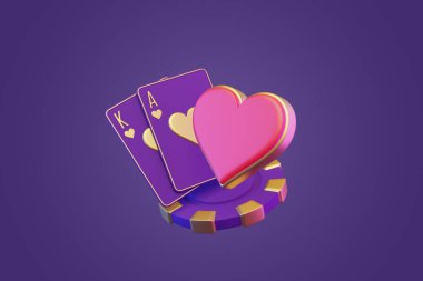 Kupa Papazı ve Ası pembe kalpli kart oynuyor ve mor arka planda çok renkli poker çipi var.