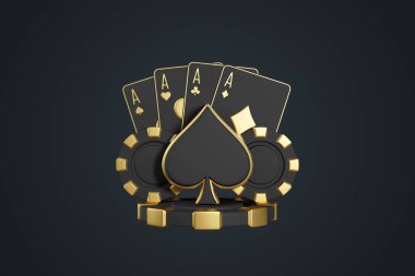 Altın kürek ve poker fişleri ile kağıt oynayan as, bir kumarhane ortamında lüks ve yüksek bahisleri sembolize eder.