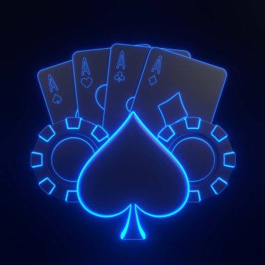 Dört as ve poker çipinin parlayan neon bir temsili, karanlık bir arkaplan üzerine kurulmuş, gece kumarhanesi atmosferini çağrıştırıyor. 3 Boyutlu resimleme