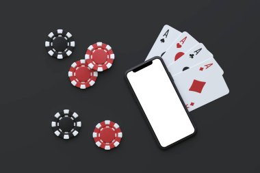 Poker fişleri ve dört asın yanında boş ekranı olan bir akıllı telefon, online kumar ve poker oyunlarını sembolize ediyor. 3 Boyutlu resimleme