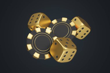 Altın zarlar ve altın aksanlı siyah poker fişleri lüks ve yüksek bahisli bir kumar teması yaratıyor. 3 Boyutlu resimleme