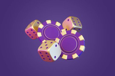 Altın zarlar ve mor arkaplanda altın aksanlı mor poker fişleri lüks ve yüksek bahisli bir kumar teması yaratır. 3 Boyutlu resimleme