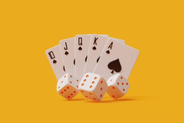 Poker kraliyet floşu ve turuncu çekirdekli beyaz zarlar parlak turuncu arka planda. 3 Boyutlu resimleme