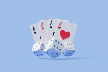 Dört as ve mavi çekirdekli beyaz zarlar, yumuşak açık mavi arka planda dizilmiş. 3 Boyutlu resimleme