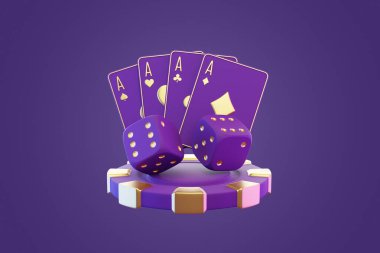 Kumar ve lüksü sembolize eden kart, zar ve poker çiplerinin yer aldığı şık bir mor ve altın kumarhane seti. 3 Boyutlu resimleme