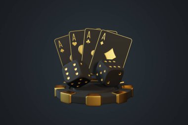 Kağıt, zar ve poker çiplerinin yer aldığı, kumar ve lüksü simgeleyen şık bir siyah ve altın kumarhane seti. 3 Boyutlu resimleme