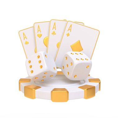 Kağıt, zar ve poker çiplerinin yer aldığı, kumar ve lüksü simgeleyen şık bir beyaz ve altın kumarhane seti. 3 Boyutlu resimleme