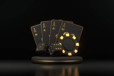 Poker kartlarının, zarların ve siyah çiplerin canlı bir görüntüsü. Karanlık bir arka planda kumar, şans ve kumarhane oyunlarını sembolize ediyor. 3 Boyutlu resimleme