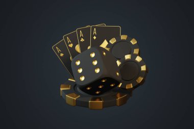 Siyah ve altın kumarhane eşyalarının zarif bir şekilde sergilenmesi, poker fişleri, zarlar ve karanlık arka planda aslarla kağıt oynamak da dahil. 3 Boyutlu resimleme