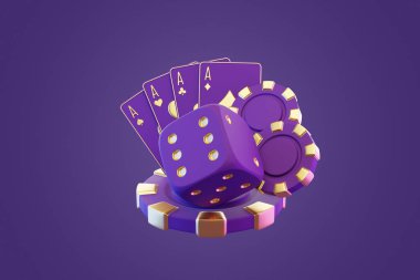 Mor ve altın kumarhane eşyaları arasında poker fişleri, zarlar ve menekşe arka planda aslarla kağıt oynamak da var. 3 Boyutlu resimleme
