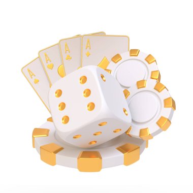 Beyaz ve altın kumarhane eşyaları arasında poker fişleri, zarlar ve beyaz arka planda izole edilmiş aslarla kağıt oynamak da var. 3 Boyutlu resimleme