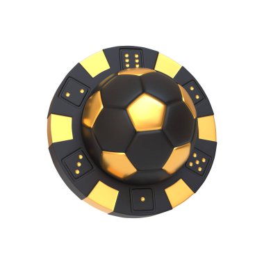 Poker çipine yerleştirilmiş altın ve siyah futbol topu beyaz arka planda zar sembolleri var. 3 Boyutlu resimleme
