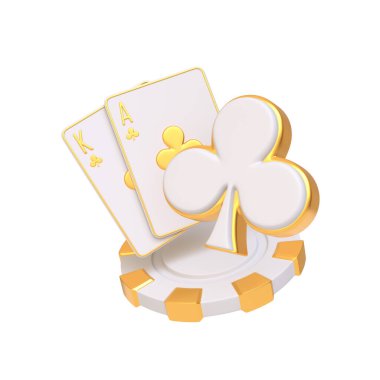 Üzerinde lüks bir kumarhane fişi bulunan, altın süslemeli, as ve sinek papazının yer aldığı kart oyunlarının zarif kompozisyonu. 3 Boyutlu resimleme