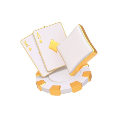 Zarif beyaz ve altın kart seti. İçinde, lüks ve kumarı sembolize eden poker çipli bir papaz ve karo ası var. 3 Boyutlu resimleme