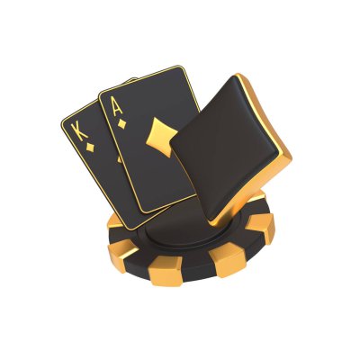 Poker çipli bir papaz ve as içeren zarif siyah ve altın kart seti lüks ve kumarı sembolize ediyor. 3 Boyutlu resimleme
