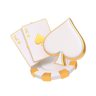 Poker çipinde kral ve maça ası bulunan zarif beyaz ve altın kart seti, lüks kumarhane temaları için ideal. 3 Boyutlu resimleme