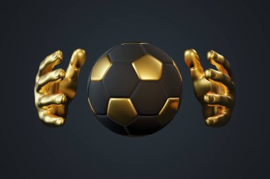 Siyah robotik eller tarafından tutulan siyah ve altın renkli bir futbol topu karanlık arka planda fütürist bir spor konsepti sergiliyor. 3 Boyutlu resimleme