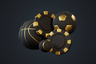 Basketbol ve futbol topu da dahil olmak üzere siyah ve altın spor toplarının yanı sıra poker fişleri, spor bahislerini sembolize ediyor. 3 Boyutlu resimleme