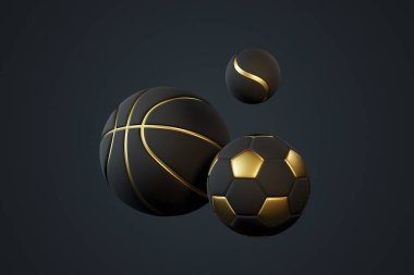 Basketbol, futbol topu ve tenis topu da dahil olmak üzere üç siyah ve altın spor topu sporda zarafeti temsil ediyor. 3 Boyutlu resimleme