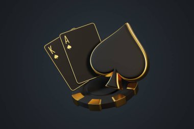 Poker çipinde papaz ve maça ası bulunan zarif siyah ve altın kart seti, lüks kumarhane teması için ideal. 3 Boyutlu resimleme