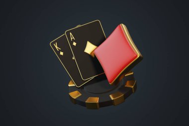Poker çipli bir papaz ve as içeren zarif siyah ve altın kart seti lüks ve kumarı sembolize ediyor. 3 Boyutlu resimleme