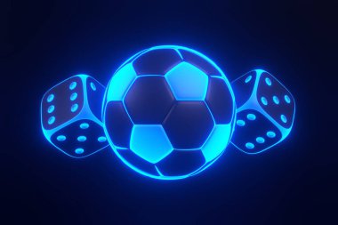 Karanlık bir arka planda iki zarla parlayan neon futbol topu, spor bahislerini ve kumarı simgeliyor. 3 Boyutlu resimleme