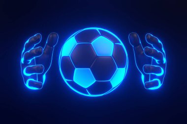 Aydınlatılmış ellerle tutulan parlak neon futbol topu karanlık bir arkaplanda, spordaki kontrol ve beceriyi simgeliyor. 3 Boyutlu resimleme