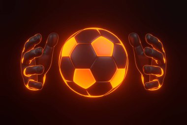 Aydınlatılmış ellerle tutulan parlak neon futbol topu karanlık bir arkaplanda, spordaki kontrol ve beceriyi simgeliyor. 3 Boyutlu resimleme