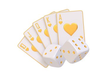 Beyaz ve altın renkli floş kartları ve zarlar, lüksü sembolize ediyor ve kumar ve kumarhane oyunlarında kazanıyor. 3 Boyutlu resimleme