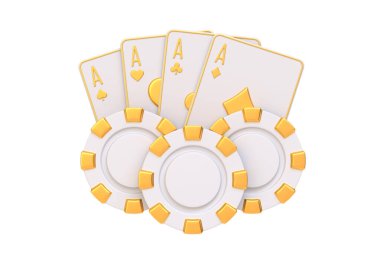Zarif beyaz ve altın poker seti. Dört as ve eşleşen çipler. Kumarda kazanan eli simgeliyor. 3 Boyutlu resimleme