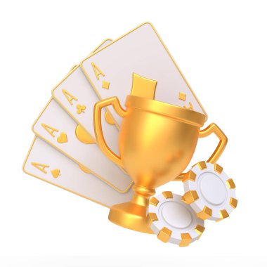 Beyaz ve altın poker temalı bir kupa, dört as ve poker fişleri zaferi ve kumarı sembolize ediyor. 3 Boyutlu resimleme