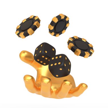Üç boyutlu bir illüstrasyonda, kumarhane temasına bağlı siyah ve altın zarlarla poker fişleri arasında jonglörlük yapan altın bir el yer alıyor. 3 Boyutlu resimleme