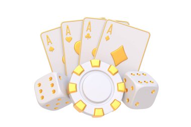 Kartlar, poker fişleri ve zarlarla süslü, lüks ve stili somutlaştıran kültürlü bir kumarhane. 3 Boyutlu resimleme