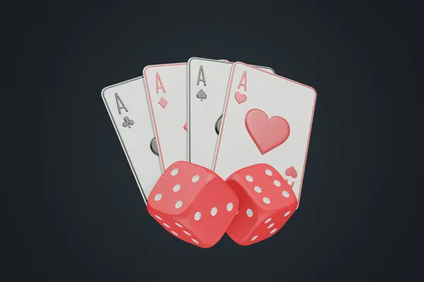 stock image Four aces of different suits paired with bright red dice floating against a dark background, suggesting fun and games with a hint of chance. 3D render illustration