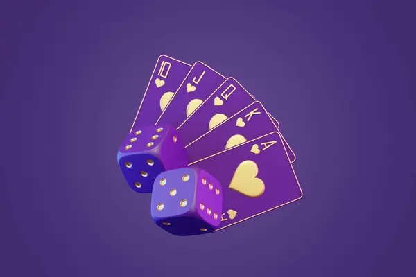 stock image A royal flush of purple playing cards with golden hearts leans against a pair of matching purple dice, set against a monochromatic purple background. 3D render illustration