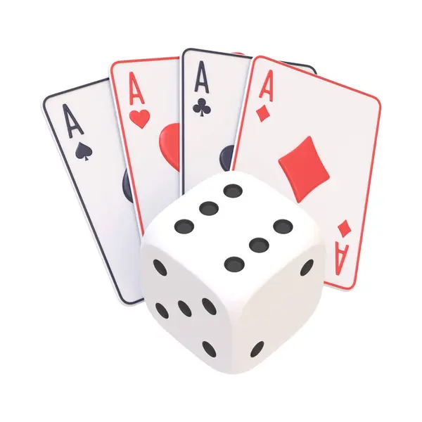 stock image Four playing cards, each showing an Ace of a different suit, neatly aligned with a classic white dice, isolated on a white background. 3D render illustration